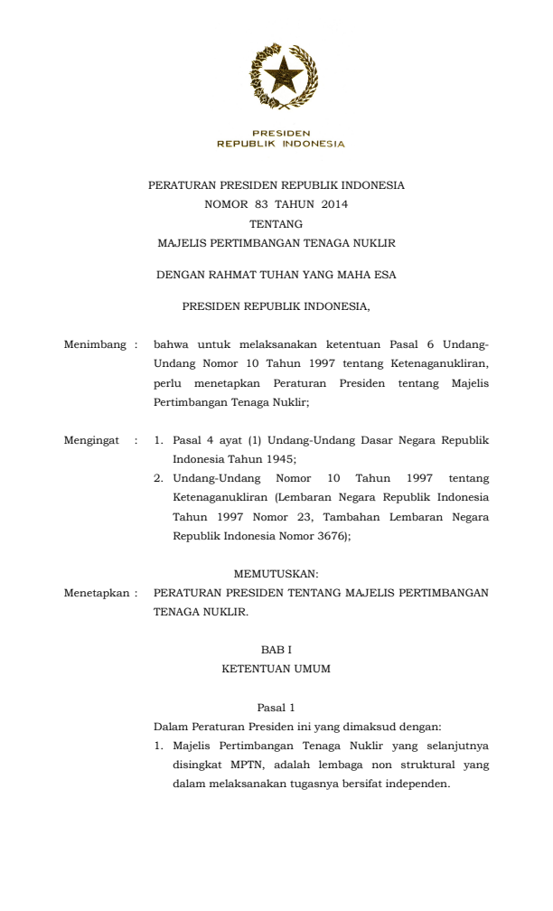 Peraturan Presiden Nomor 83 Tahun 2014