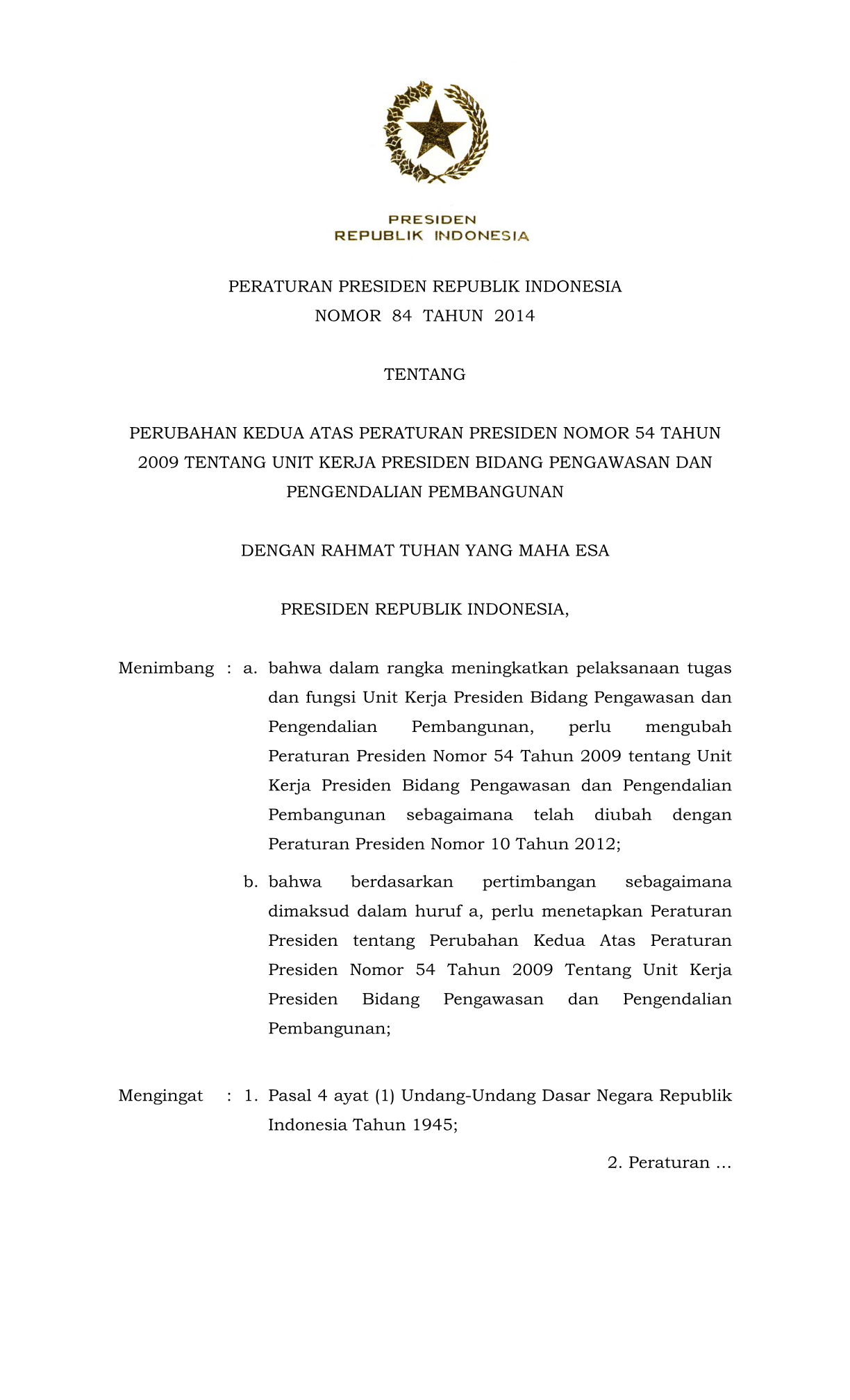 Peraturan Presiden Nomor 84 Tahun 2014