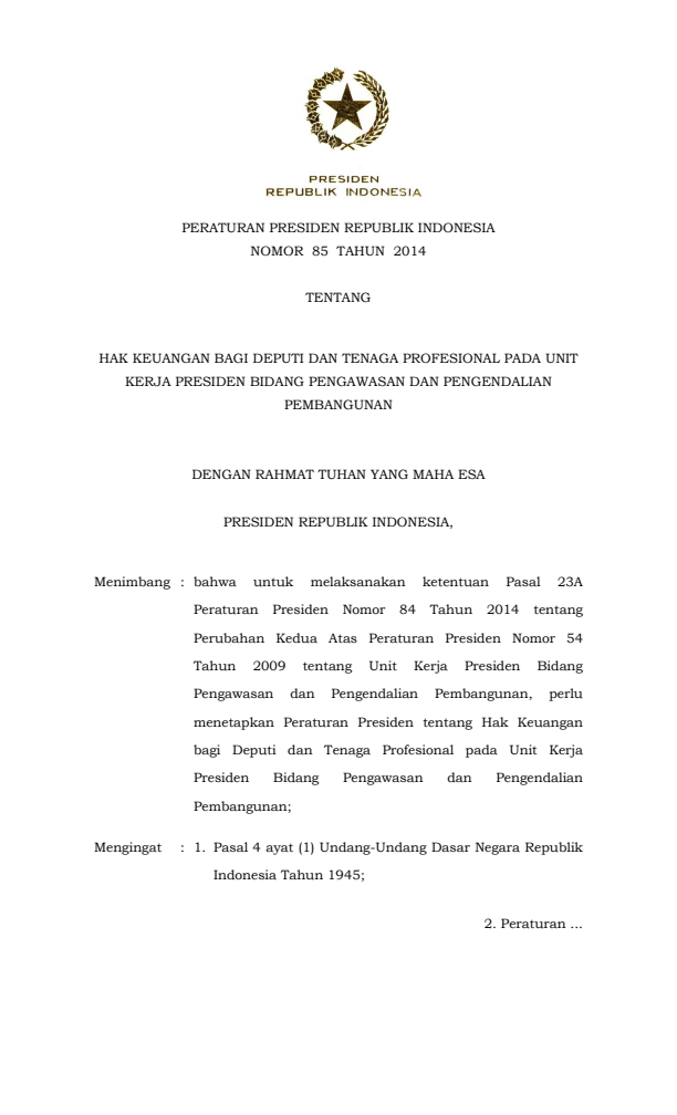 Peraturan Presiden Nomor 85 Tahun 2014