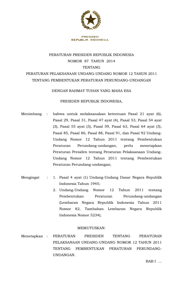 Peraturan Presiden Nomor 87 Tahun 2014