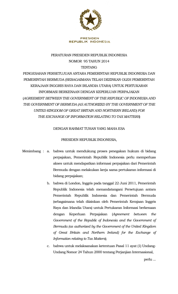 Peraturan Presiden Nomor 95 Tahun 2014