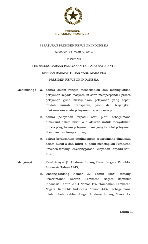 Peraturan Presiden Nomor 97 Tahun 2014