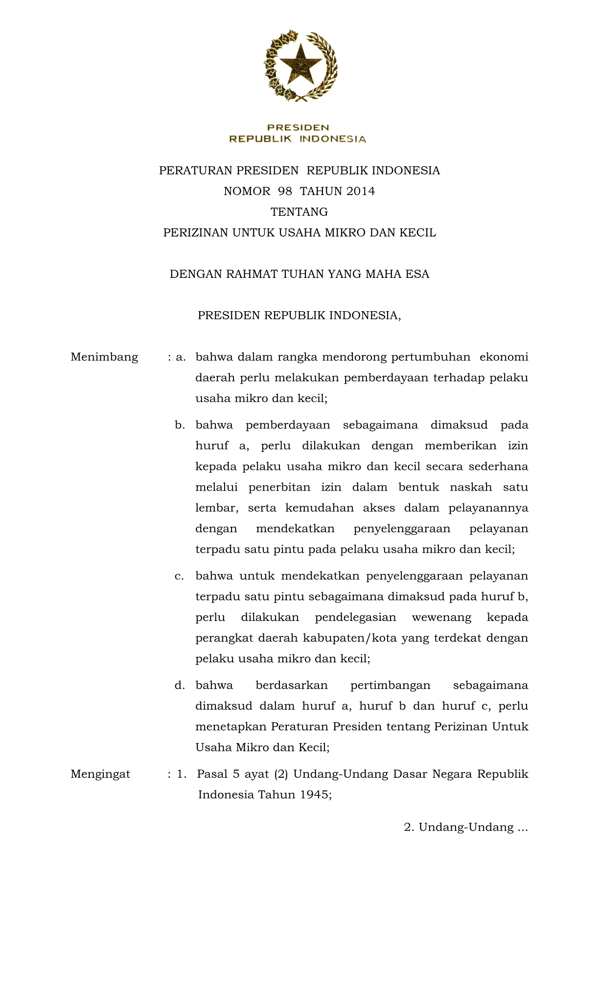Peraturan Presiden Nomor 98 Tahun 2014