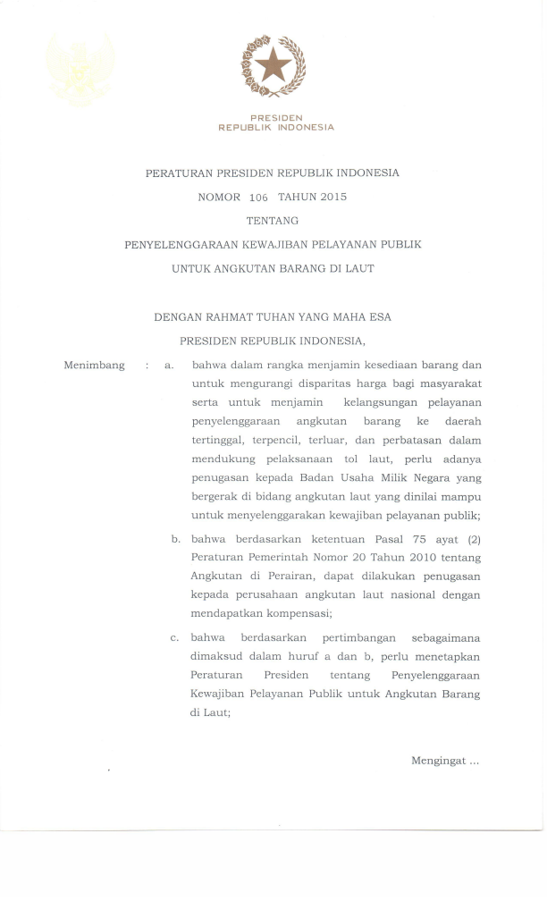 Peraturan Presiden Nomor 106 Tahun 2015