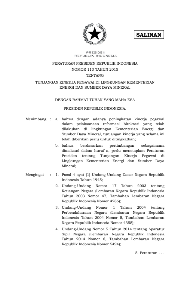 Peraturan Presiden Nomor 113 Tahun 2015