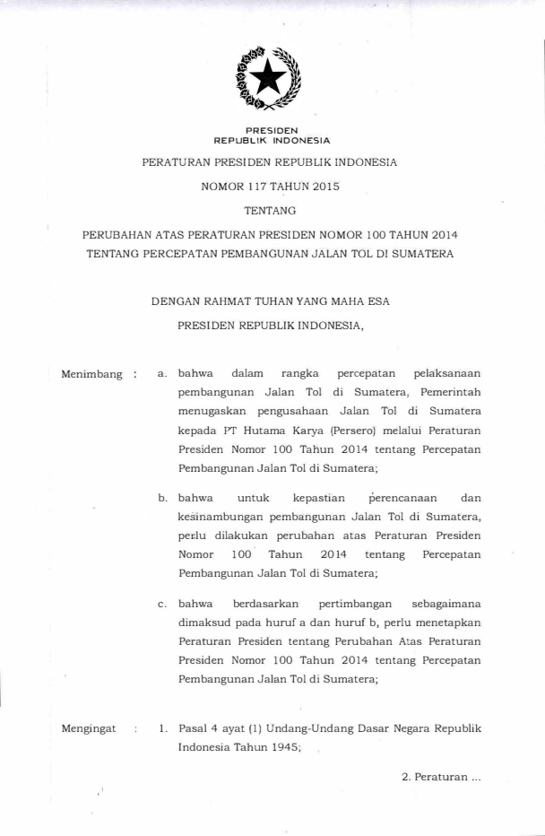 Peraturan Presiden Nomor 117 Tahun 2015