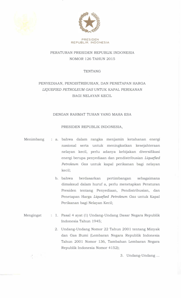Peraturan Presiden Nomor 126 Tahun 2015