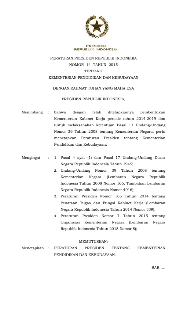 Peraturan Presiden Nomor 14 Tahun 2015