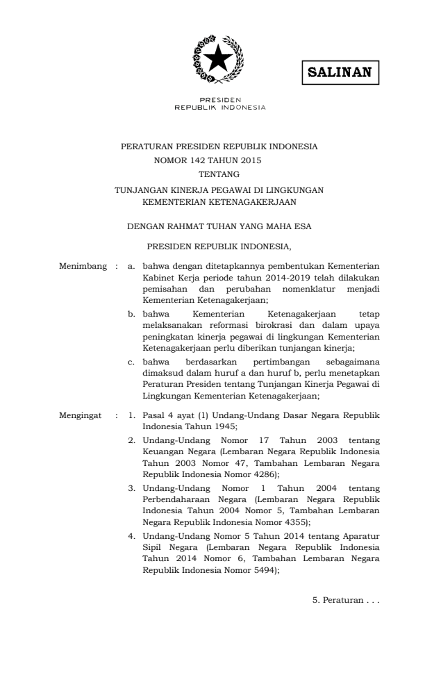Peraturan Presiden Nomor 142 Tahun 2015