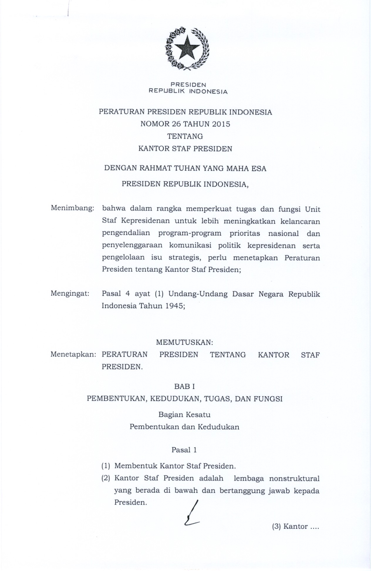 Peraturan Presiden Nomor 26 Tahun 2015