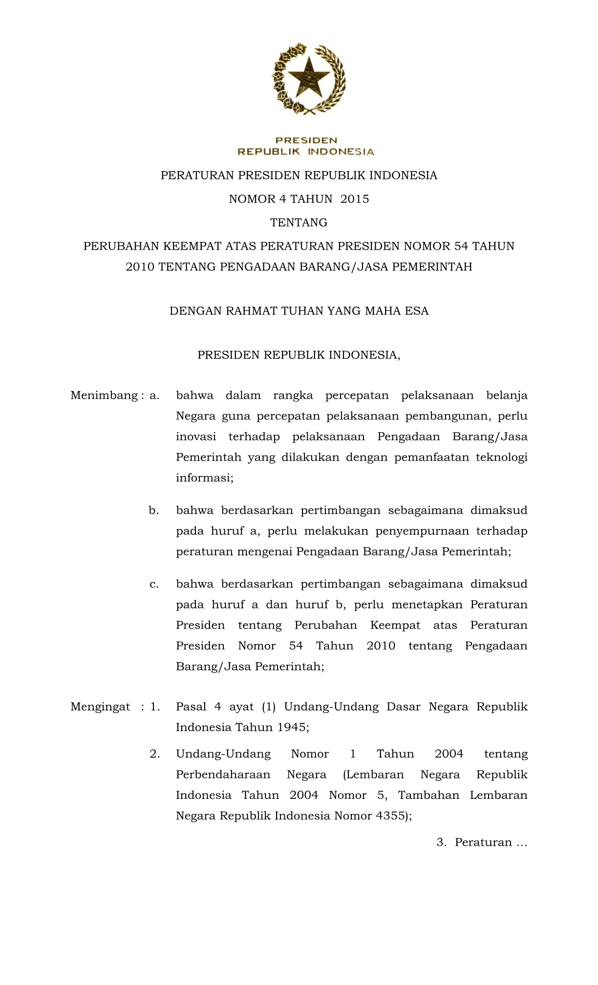 Peraturan Presiden Nomor 4 Tahun 2015