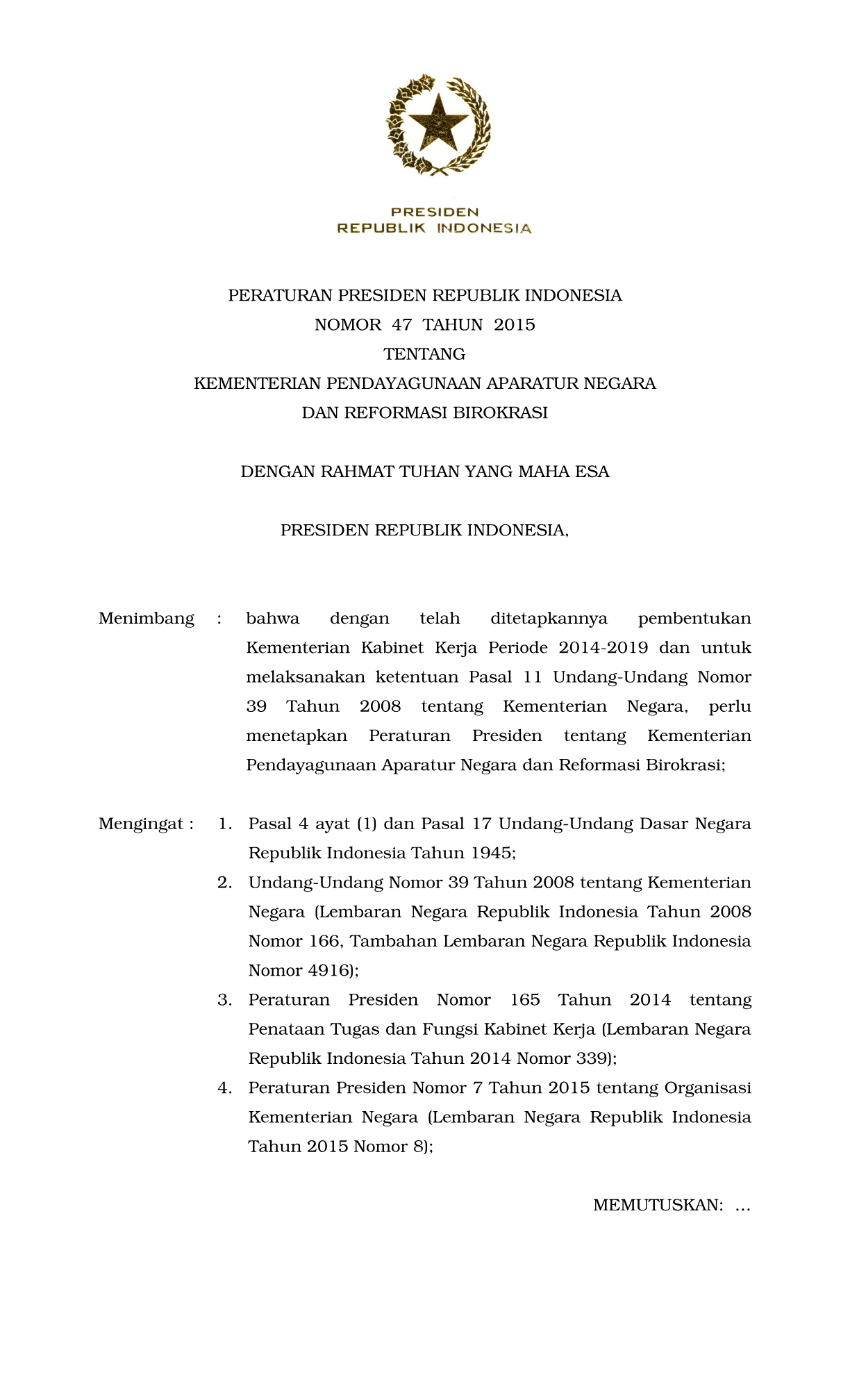 Peraturan Presiden Nomor 47 Tahun 2015