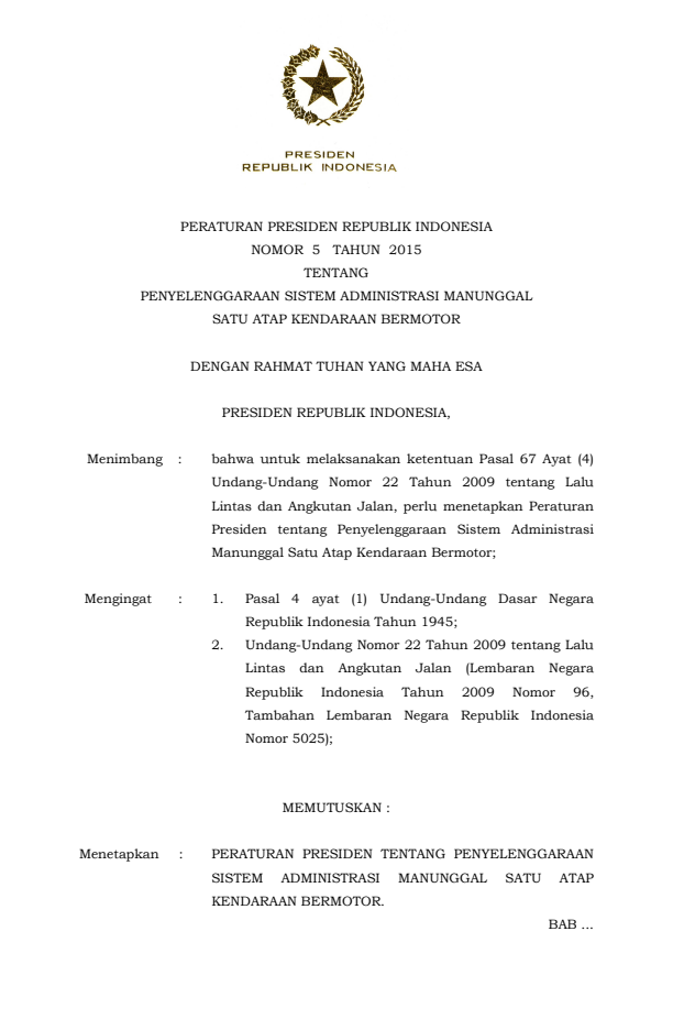 Peraturan Presiden Nomor 5 Tahun 2015