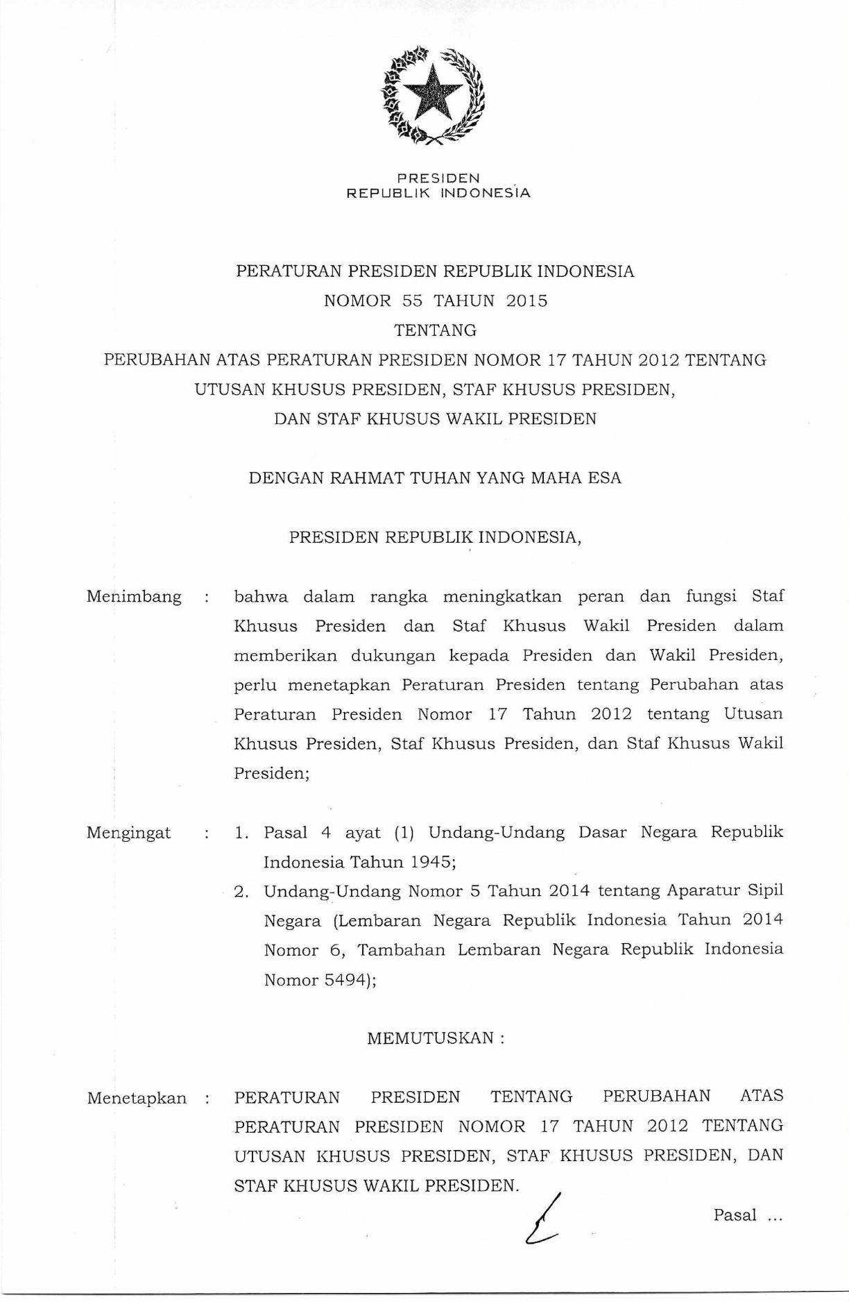 Peraturan Presiden Nomor 55 Tahun 2015