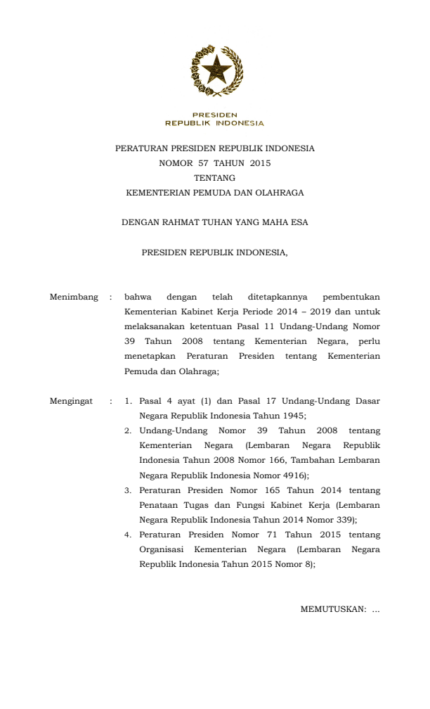 Peraturan Presiden Nomor 57 Tahun 2015