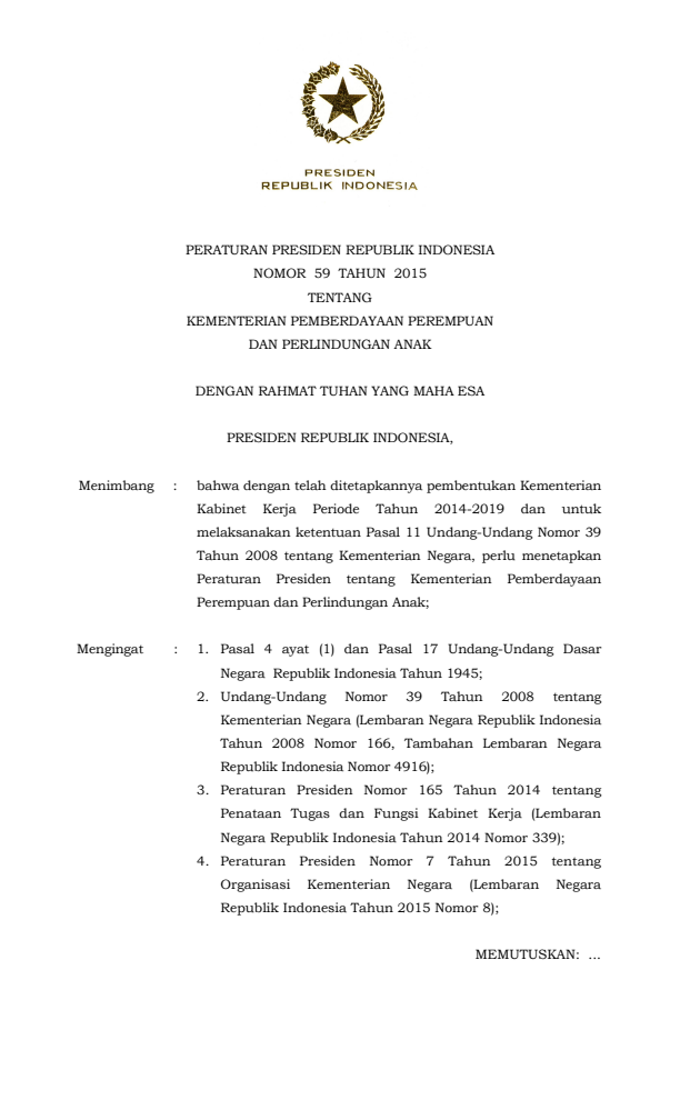 Peraturan Presiden Nomor 59 Tahun 2015