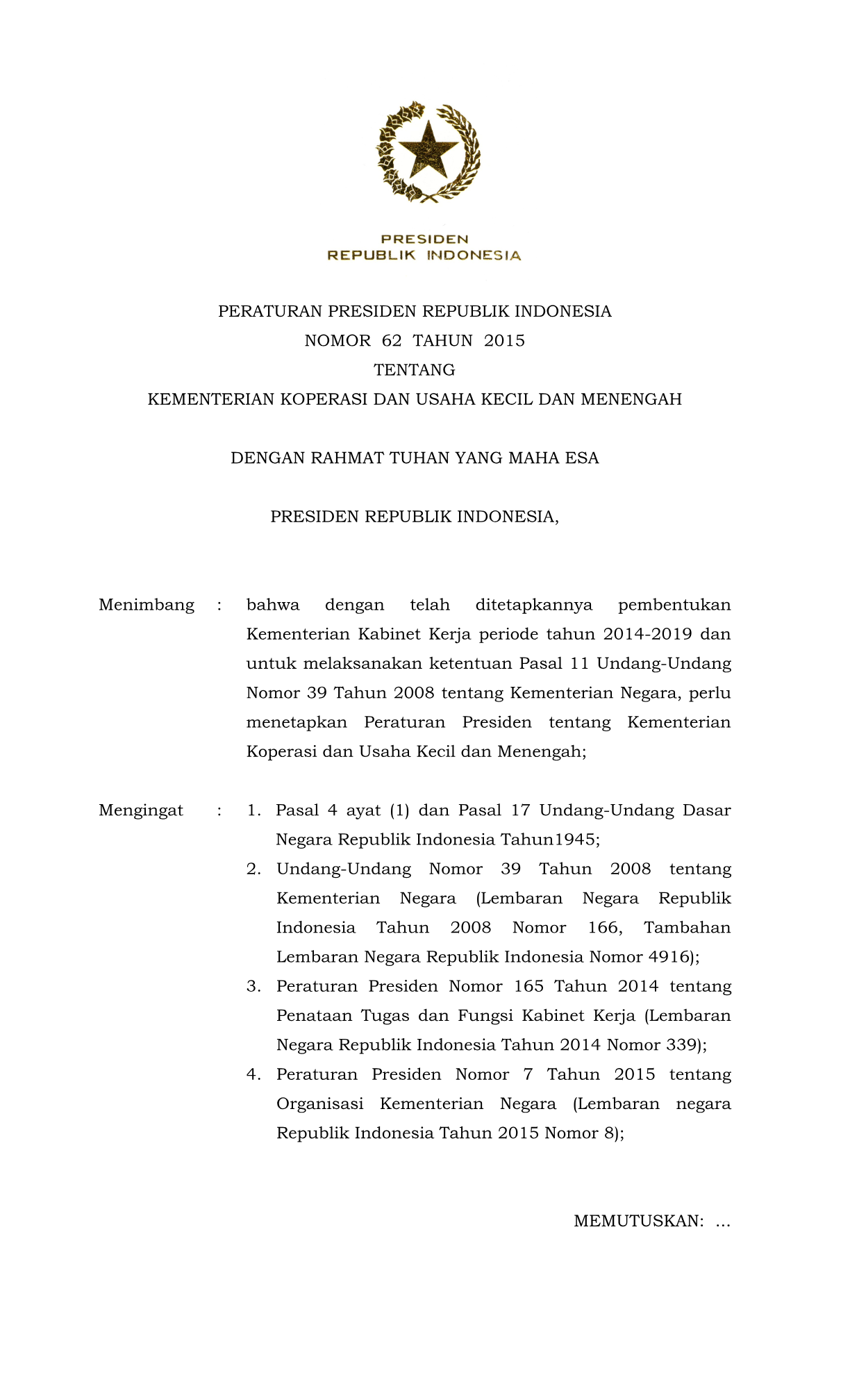 Peraturan Presiden Nomor 62 Tahun 2015