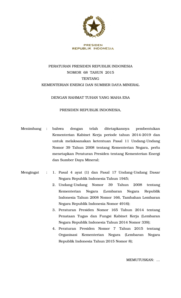 Peraturan Presiden Nomor 68 Tahun 2015