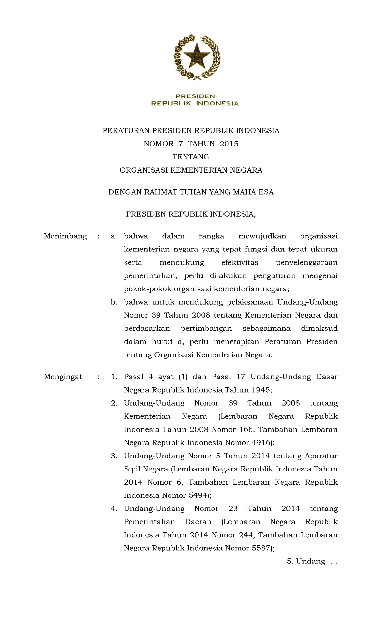 Peraturan Presiden Nomor 7 Tahun 2015