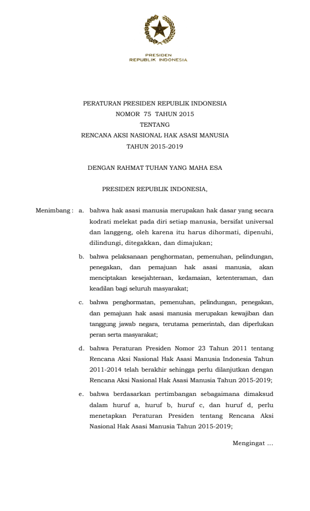 Peraturan Presiden Nomor 75 Tahun 2015