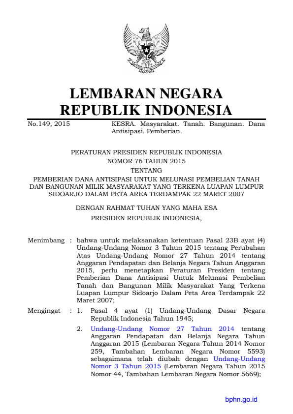 Peraturan Presiden Nomor 76 Tahun 2015