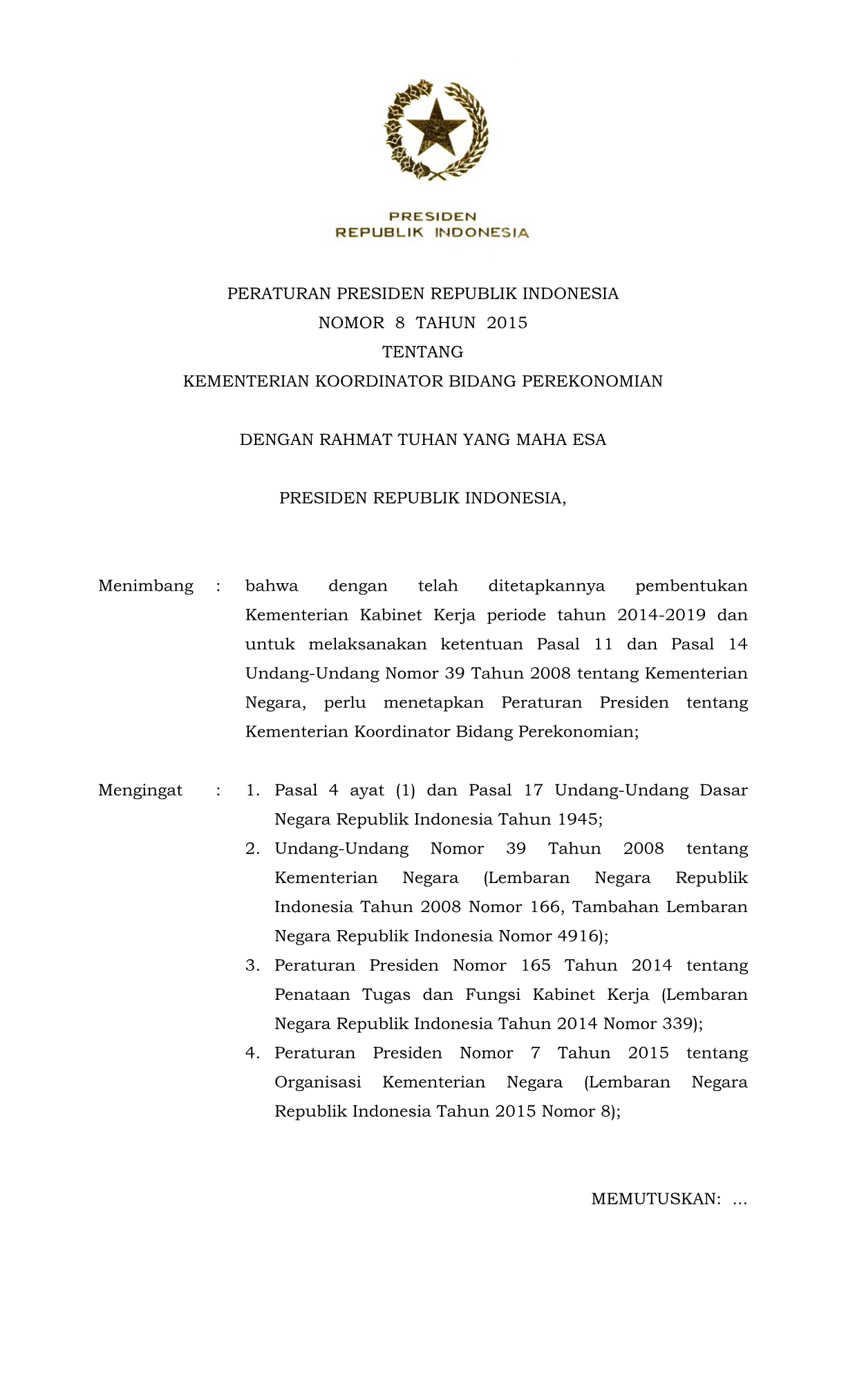 Peraturan Presiden Nomor 8 Tahun 2015