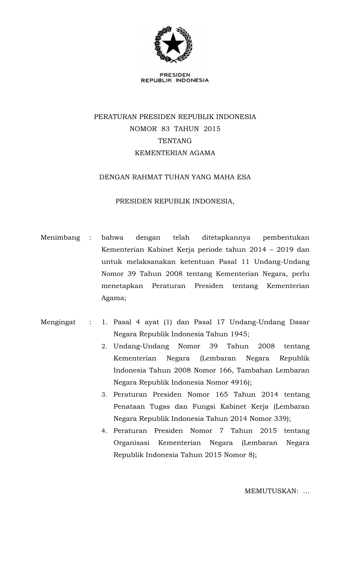 Peraturan Presiden Nomor 83 Tahun 2015