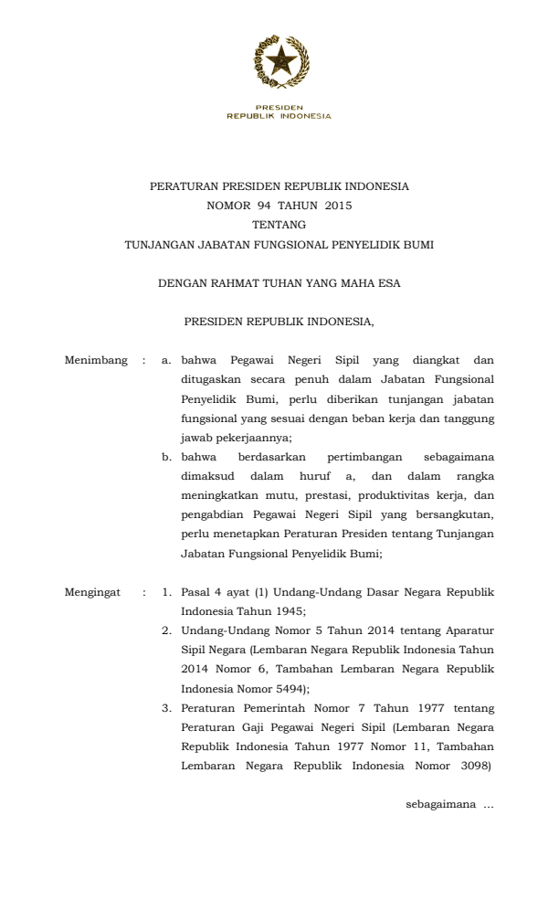 Peraturan Presiden Nomor 94 Tahun 2015