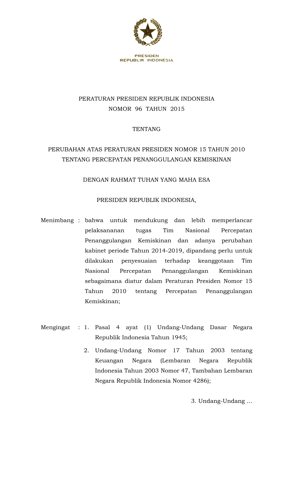 Peraturan Presiden Nomor 96 Tahun 2015