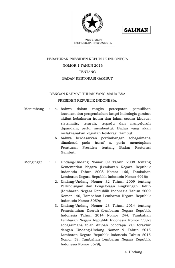 Peraturan Presiden Nomor 1 Tahun 2016