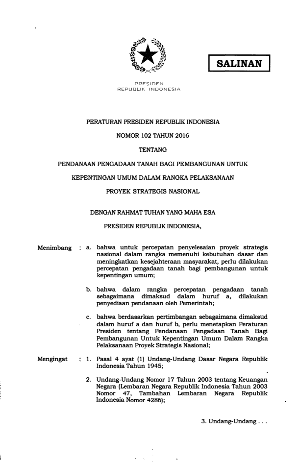 Peraturan Presiden Nomor 102 Tahun 2016
