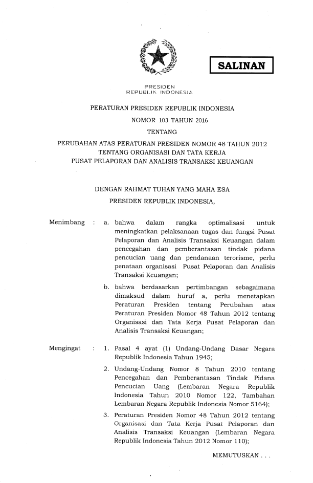 Peraturan Presiden Nomor 103 Tahun 2016