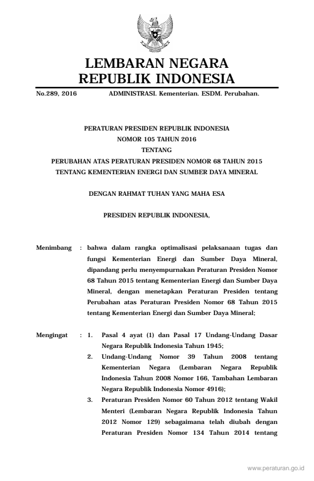 Peraturan Presiden Nomor 105 Tahun 2016