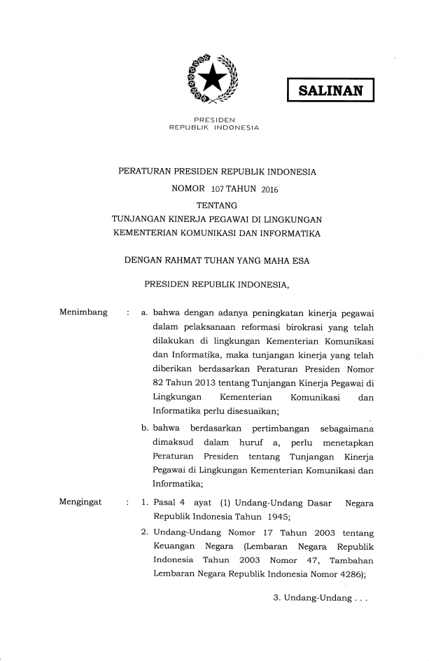 Peraturan Presiden Nomor 107 Tahun 2016