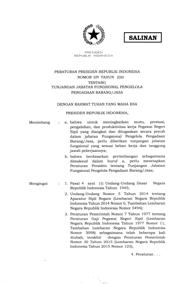 Peraturan Presiden Nomor 109 Tahun 2016