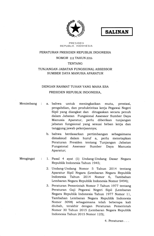 Peraturan Presiden Nomor 111 Tahun 2016