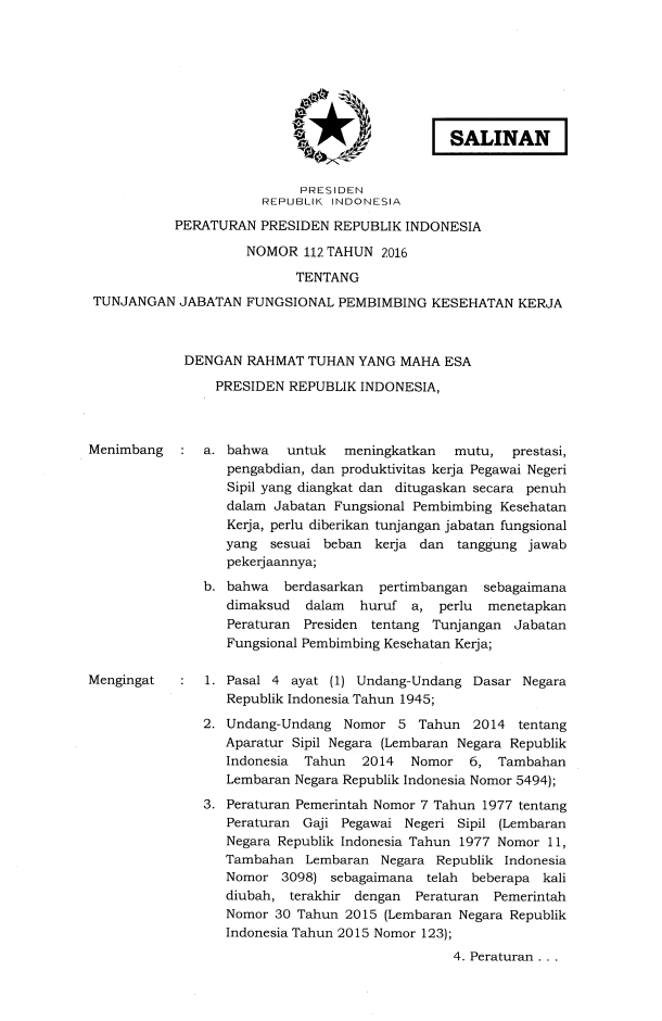 Peraturan Presiden Nomor 112 Tahun 2016