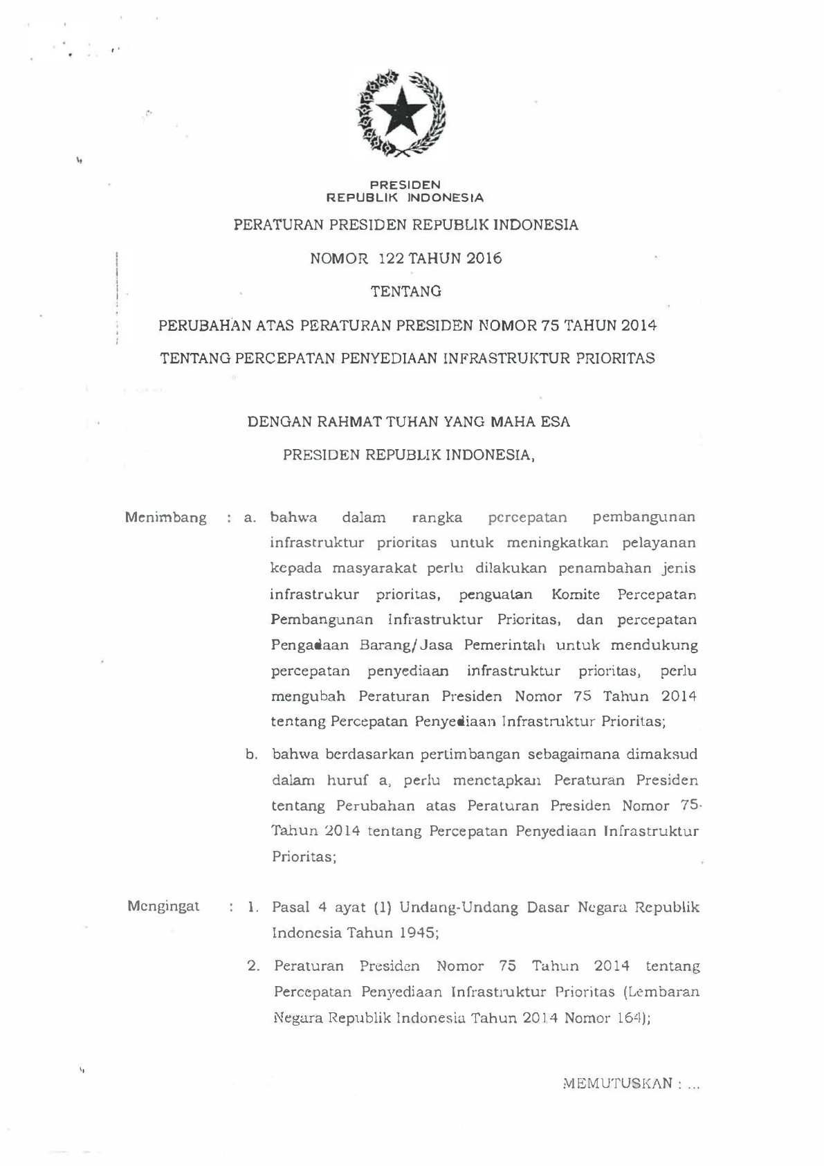 Peraturan Presiden Nomor 122 Tahun 2016