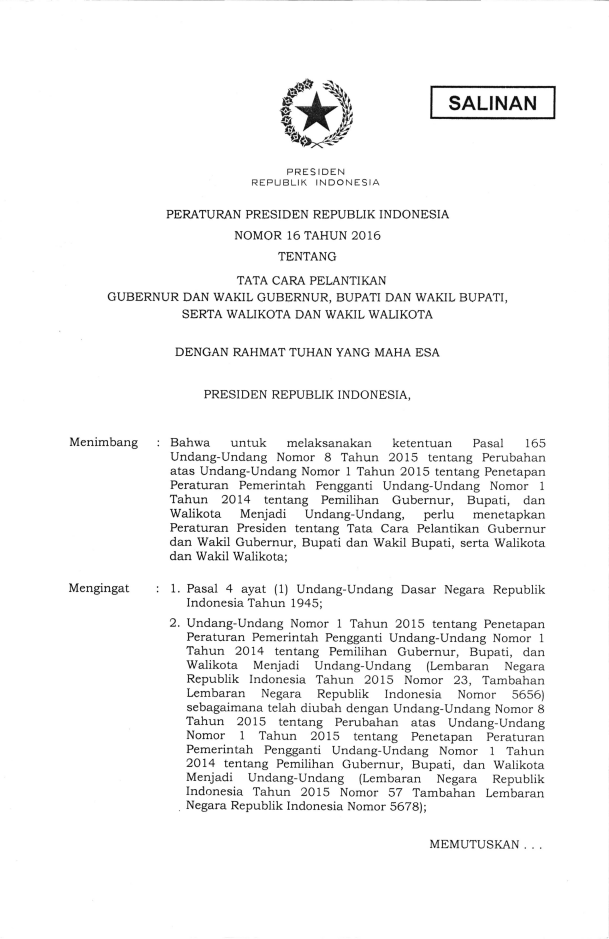 Peraturan Presiden Nomor 16 Tahun 2016