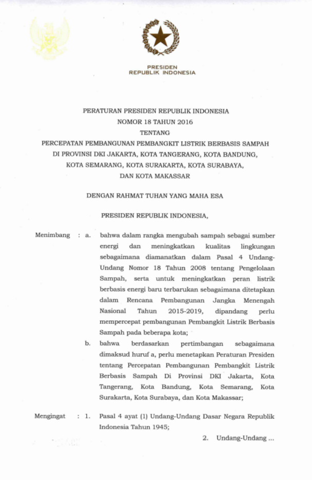 Peraturan Presiden Nomor 18 Tahun 2016