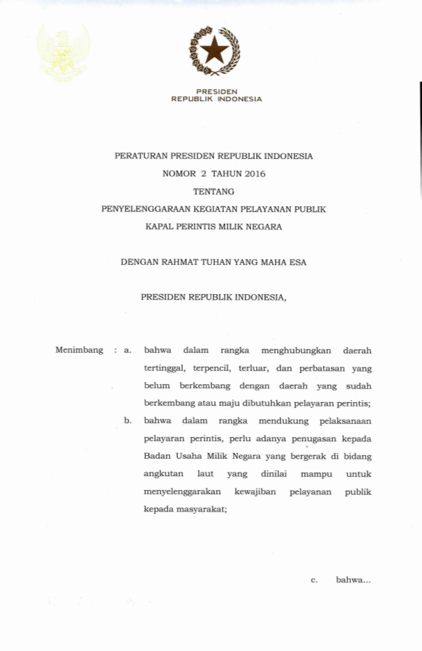 Peraturan Presiden Nomor 2 Tahun 2016
