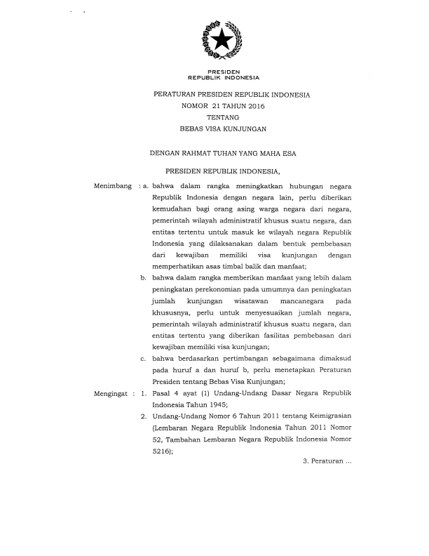 Peraturan Presiden Nomor 21 Tahun 2016
