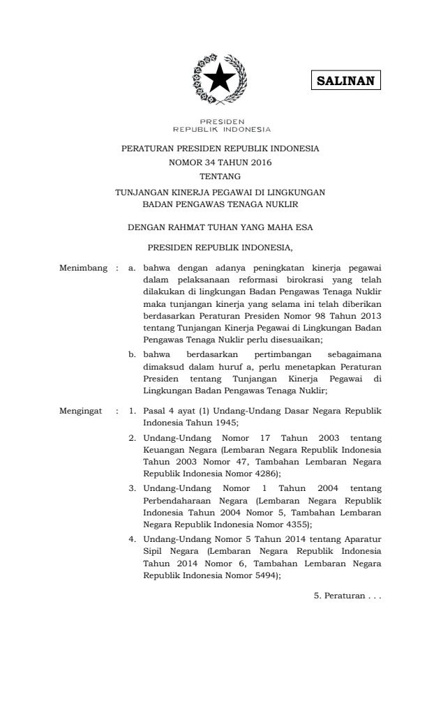 Peraturan Presiden Nomor 34 Tahun 2016