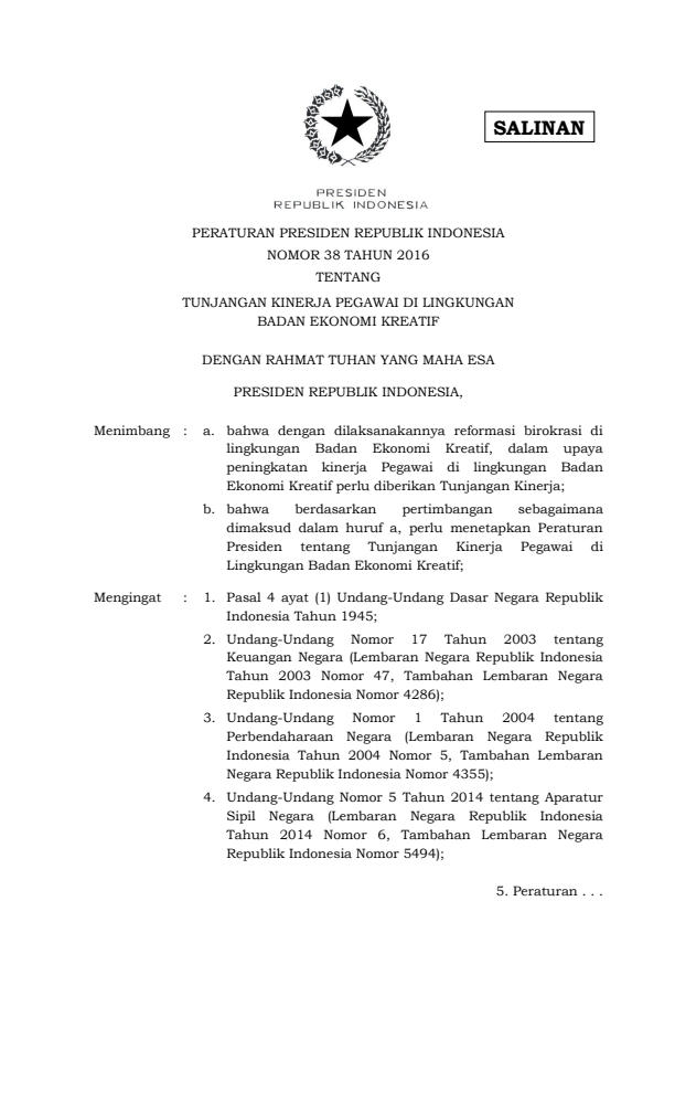 Peraturan Presiden Nomor 38 Tahun 2016