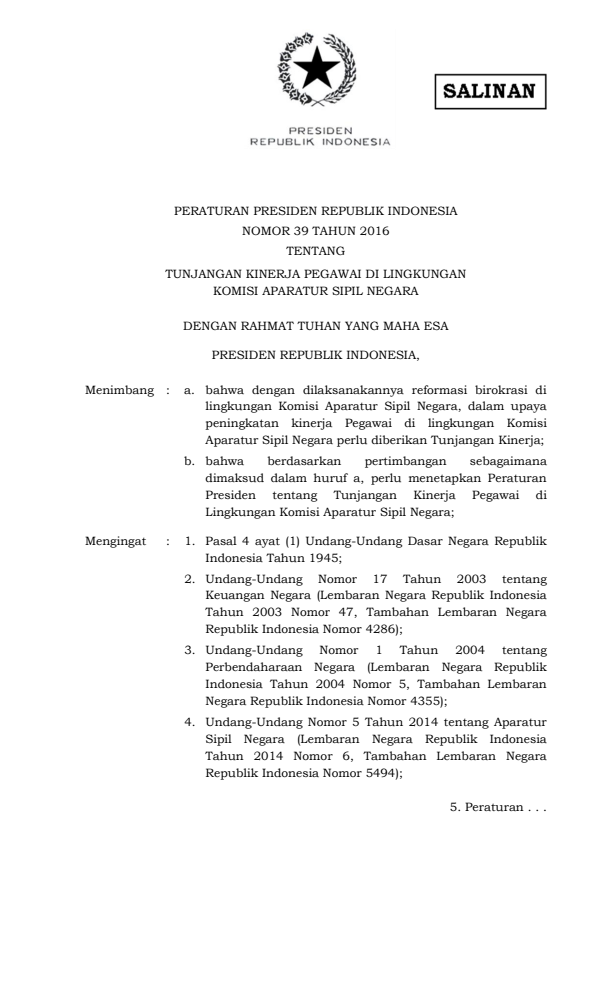 Peraturan Presiden Nomor 39 Tahun 2016