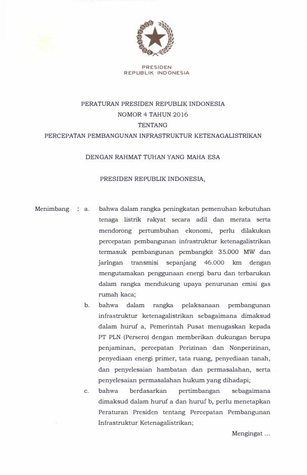 Peraturan Presiden Nomor 4 Tahun 2016