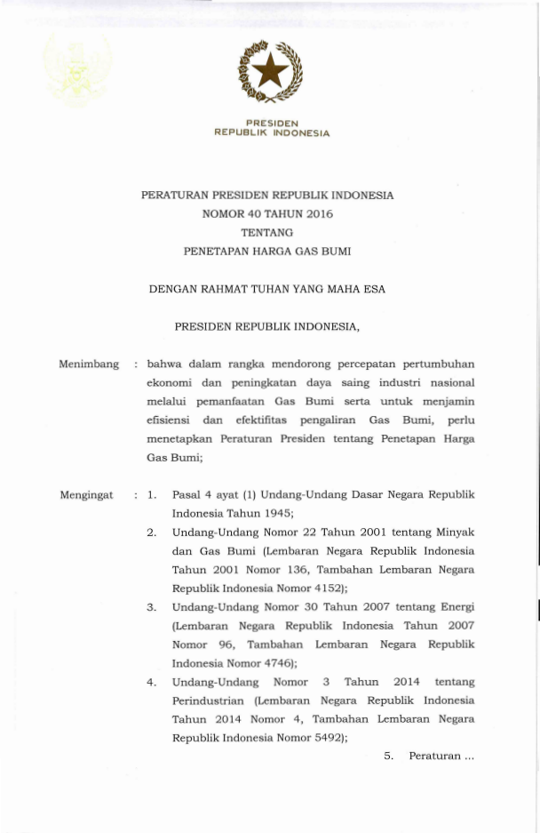 Peraturan Presiden Nomor 40 Tahun 2016