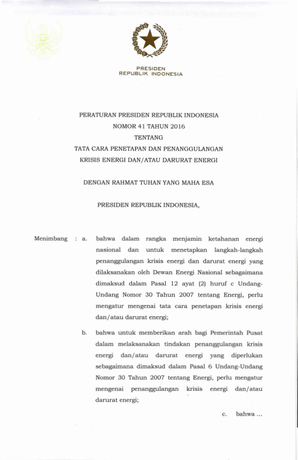 Peraturan Presiden Nomor 41 Tahun 2016