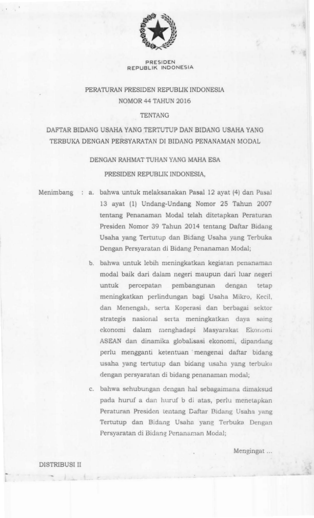 Peraturan Presiden Nomor 44 Tahun 2016