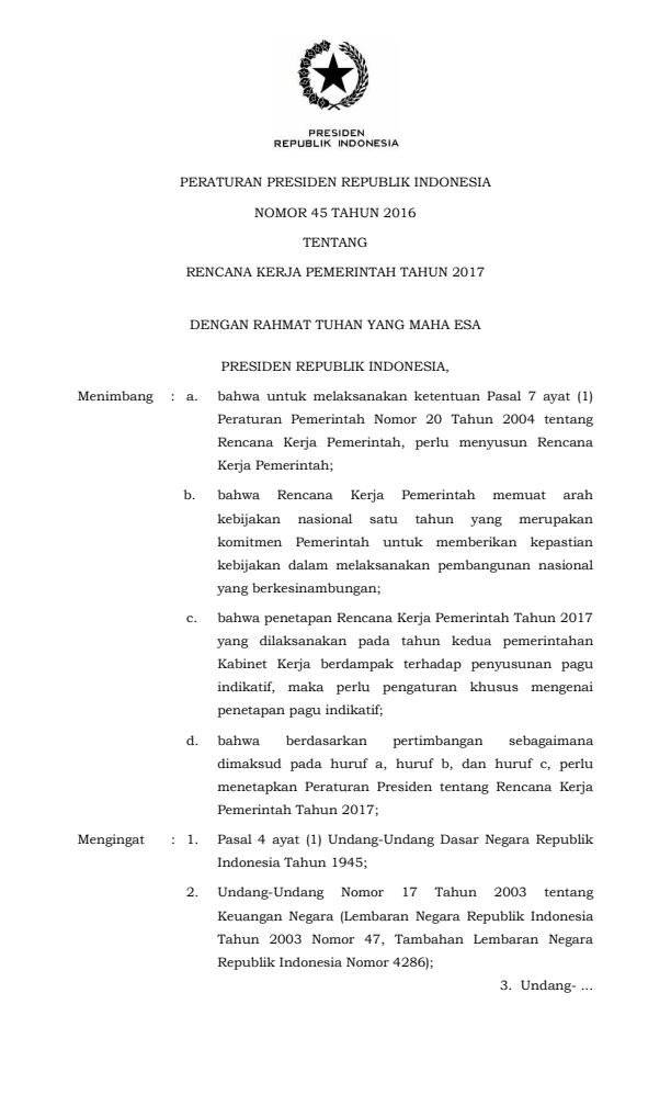 Peraturan Presiden Nomor 45 Tahun 2016